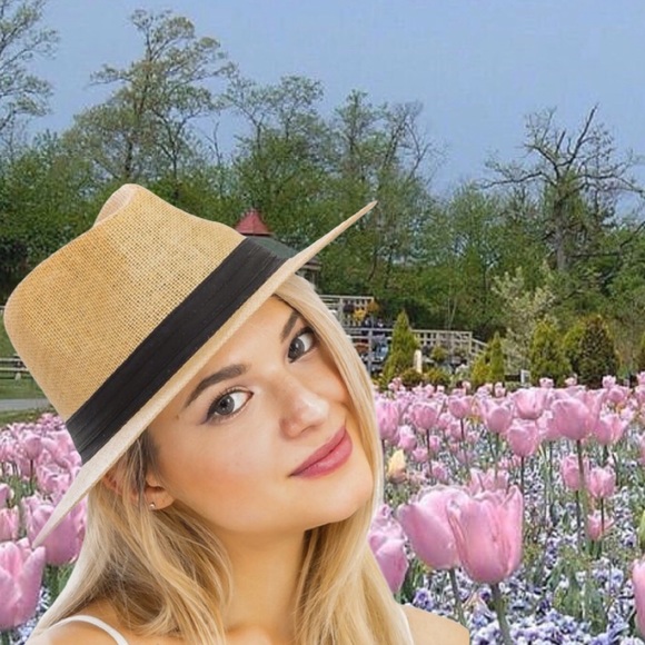 Tan Black Band Wide Brim Panama Crochet Fedora - Picture 5 of 7